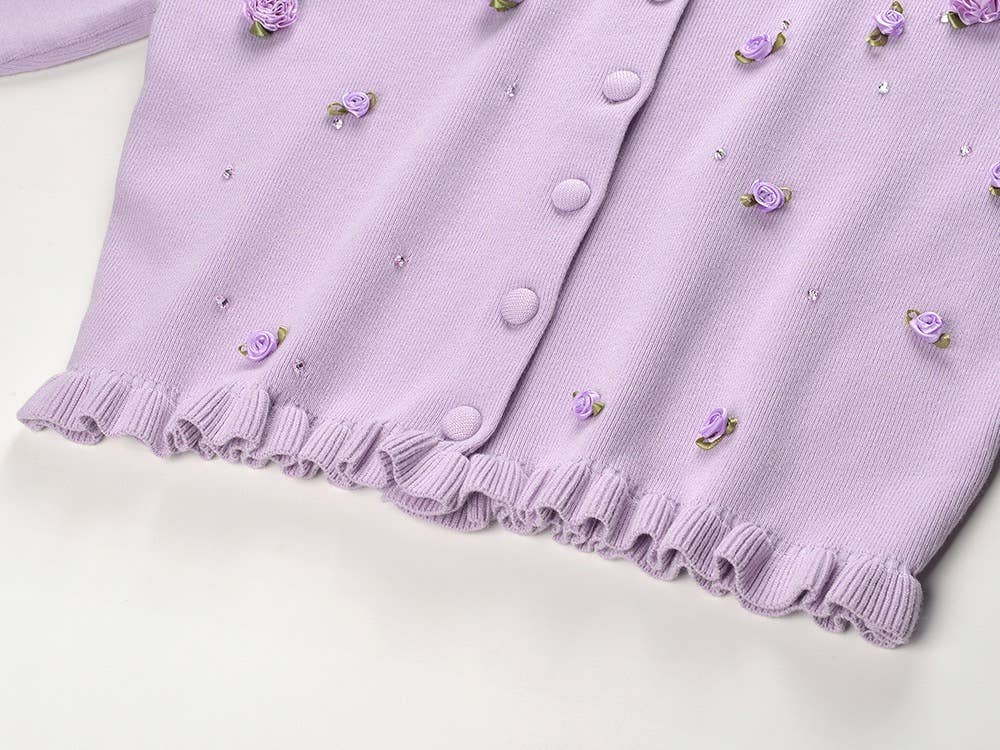 The Arabella Rosette Dress Purple Knit Cardigan & Rhinestone Suspender Dress