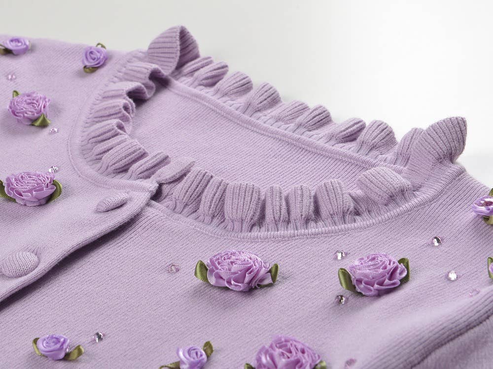 The Arabella Rosette Dress Purple Knit Cardigan & Rhinestone Suspender Dress