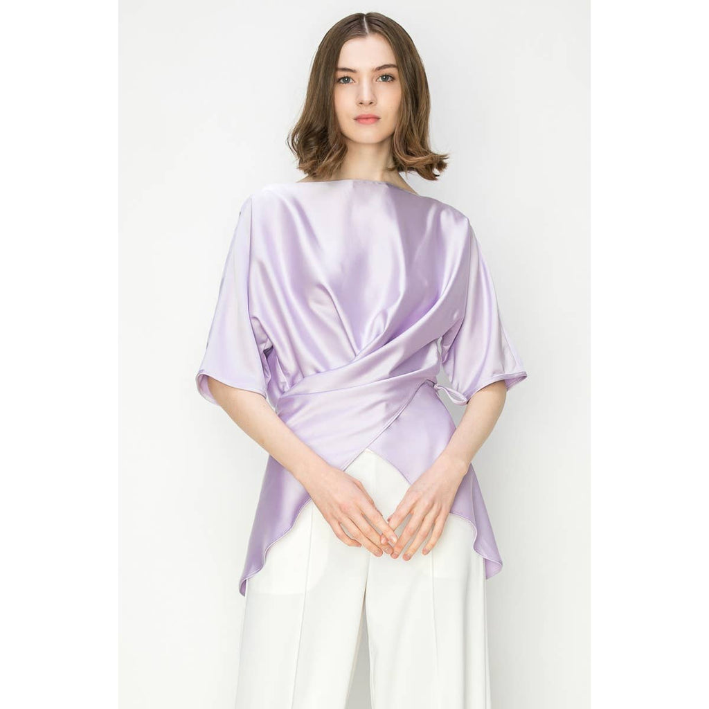 Maeve Satin Short Sleeve Side Wraptie Blouse