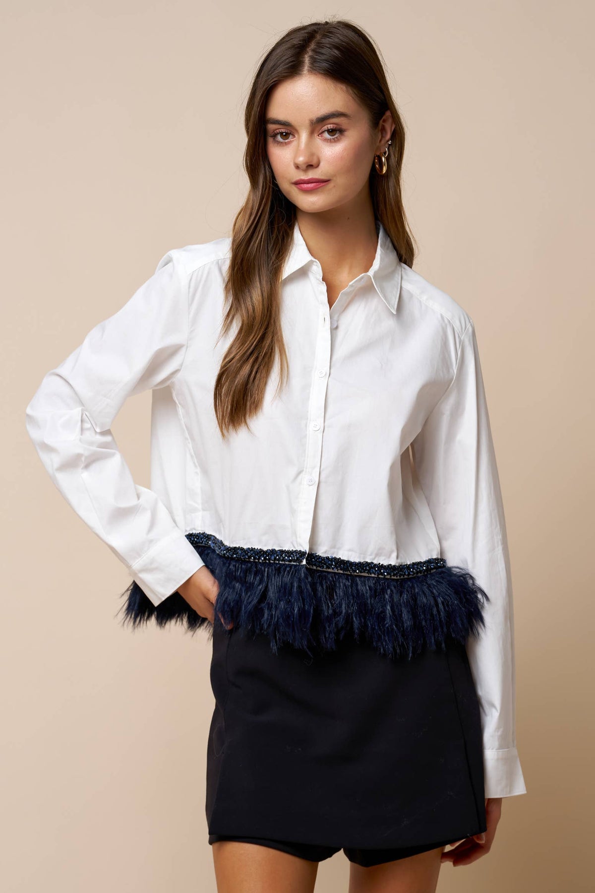 Margaux Feather Trim Button-Down Shirt