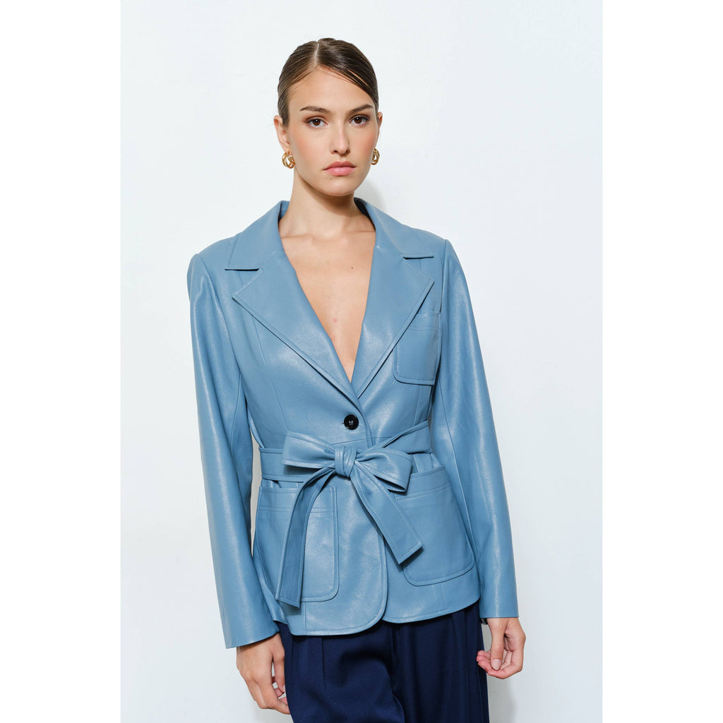 Claudia Faux Leather Belted Blazer in Cornflower Blue