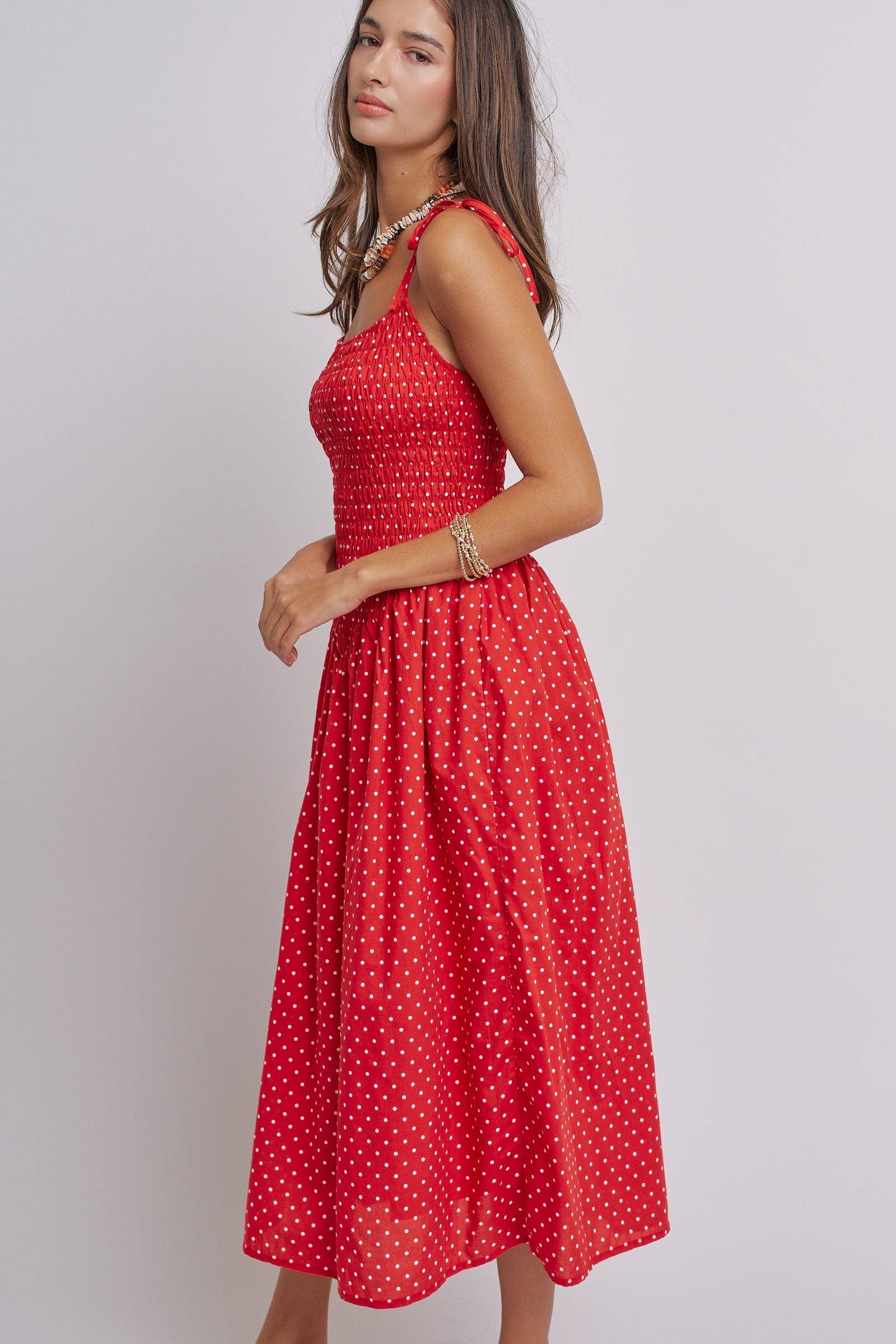 Polka Dot Smocked Cotton Midi Dress With Tie Straps