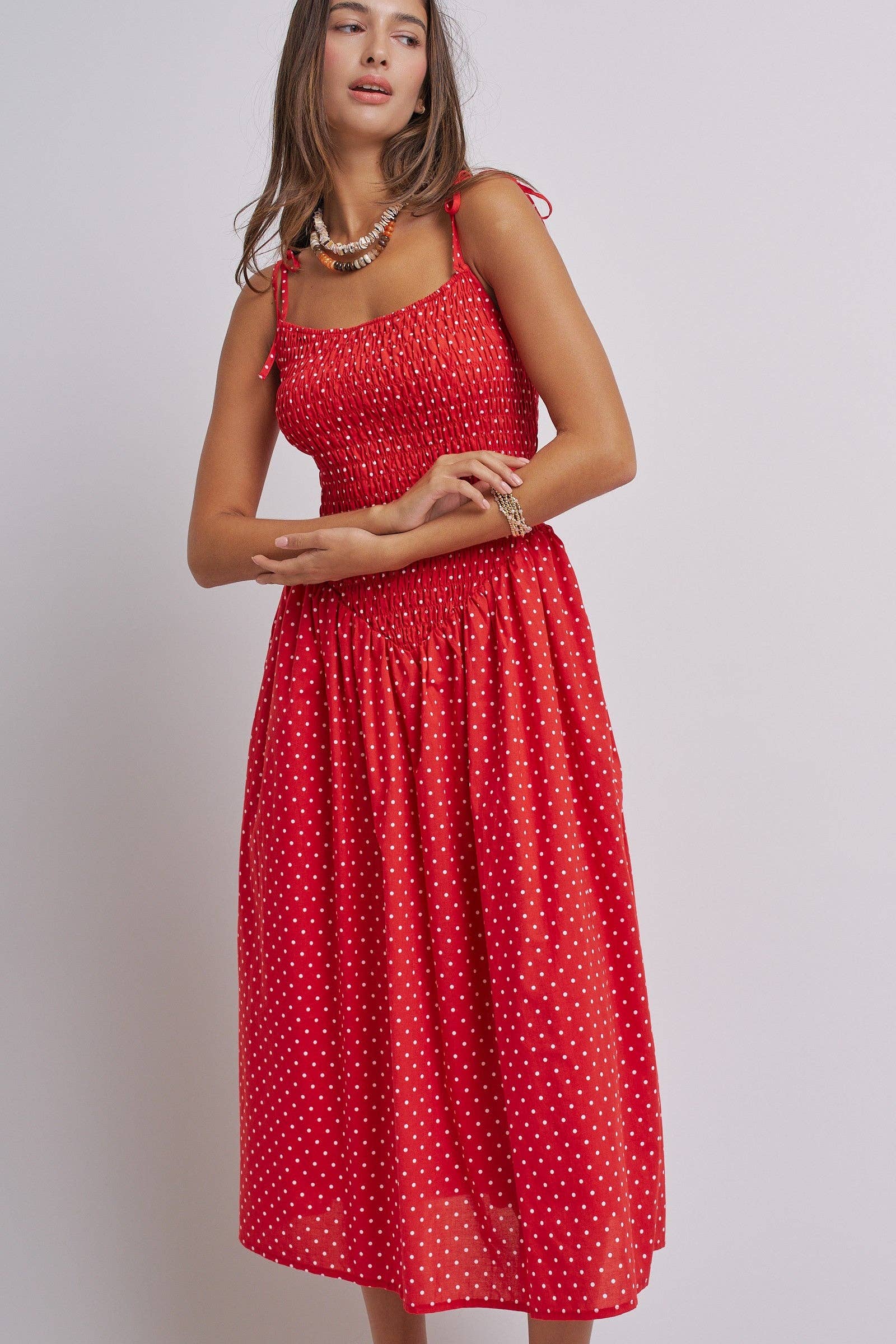 Polka Dot Smocked Cotton Midi Dress With Tie Straps
