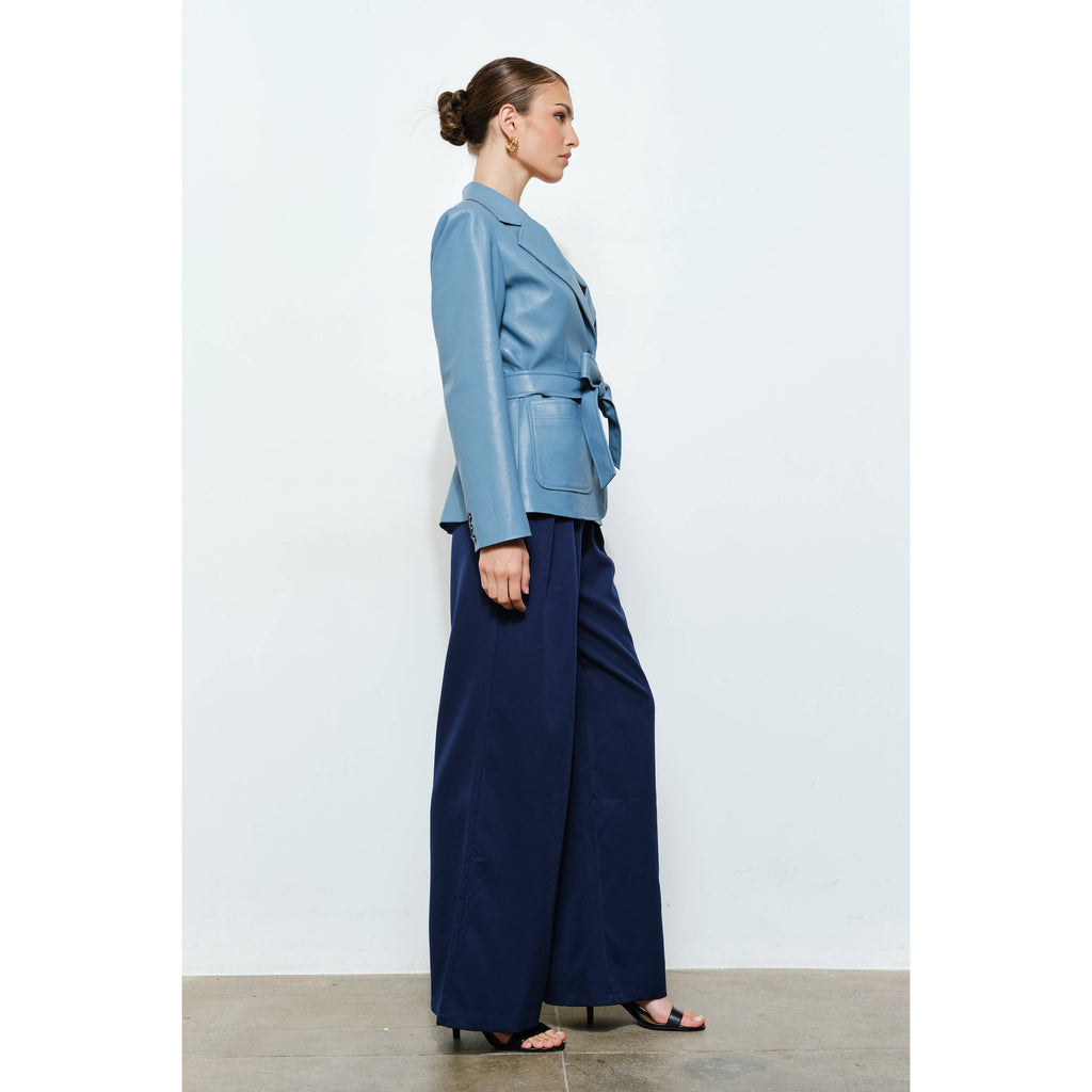Claudia Faux Leather Belted Blazer in Cornflower Blue