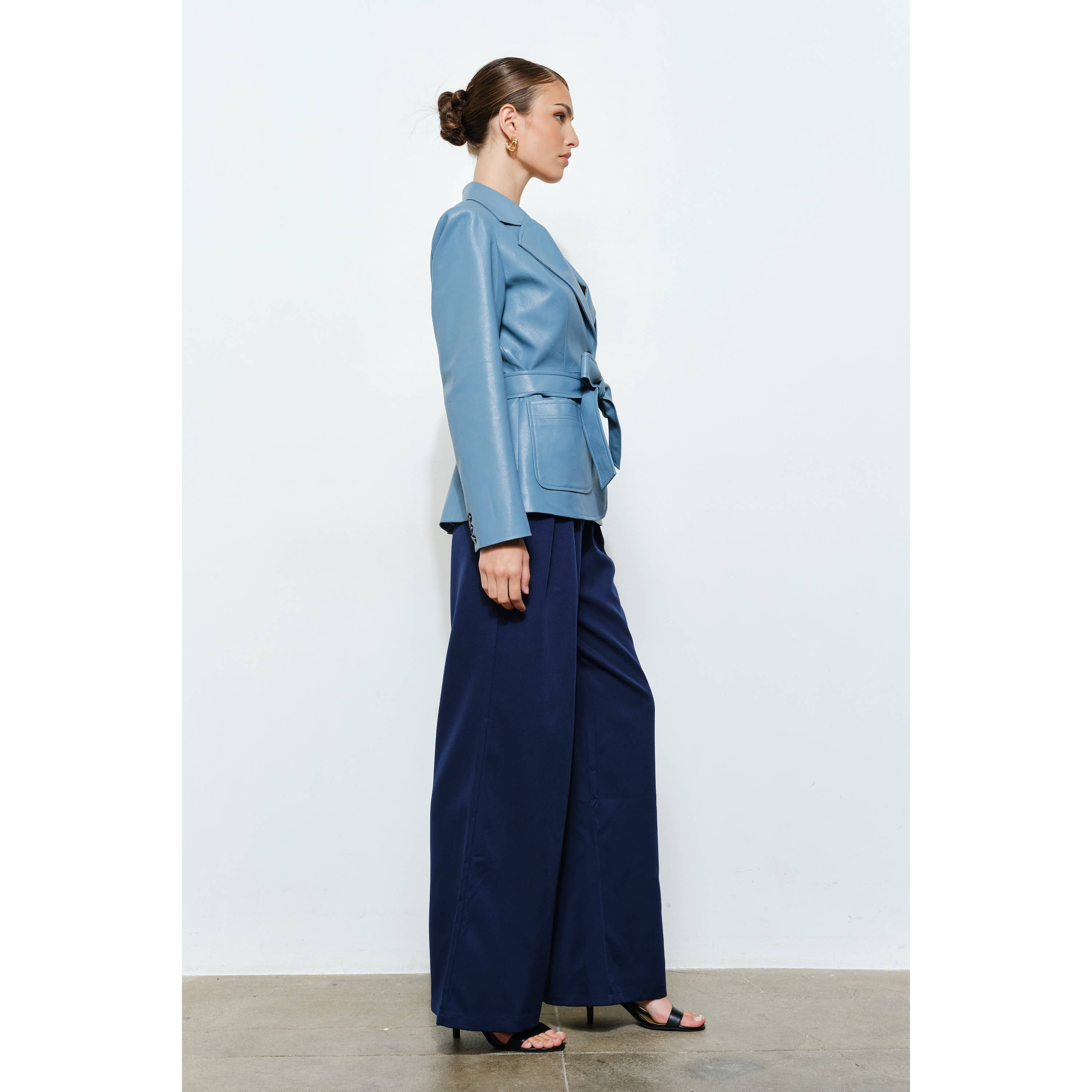 Claudia Faux Leather Belted Blazer in Cornflower Blue
