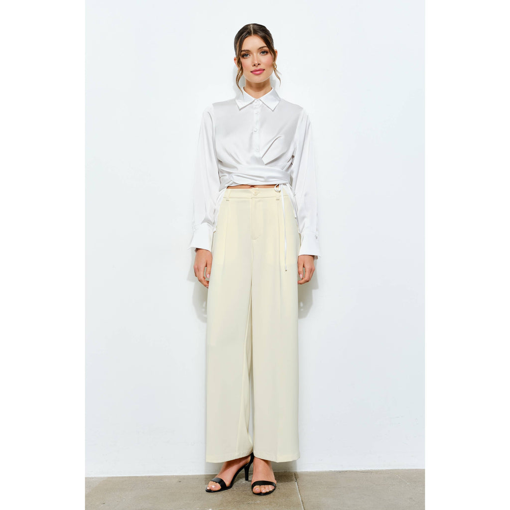 Juliette Long Sleeve Satin Wrap Waist Blouse