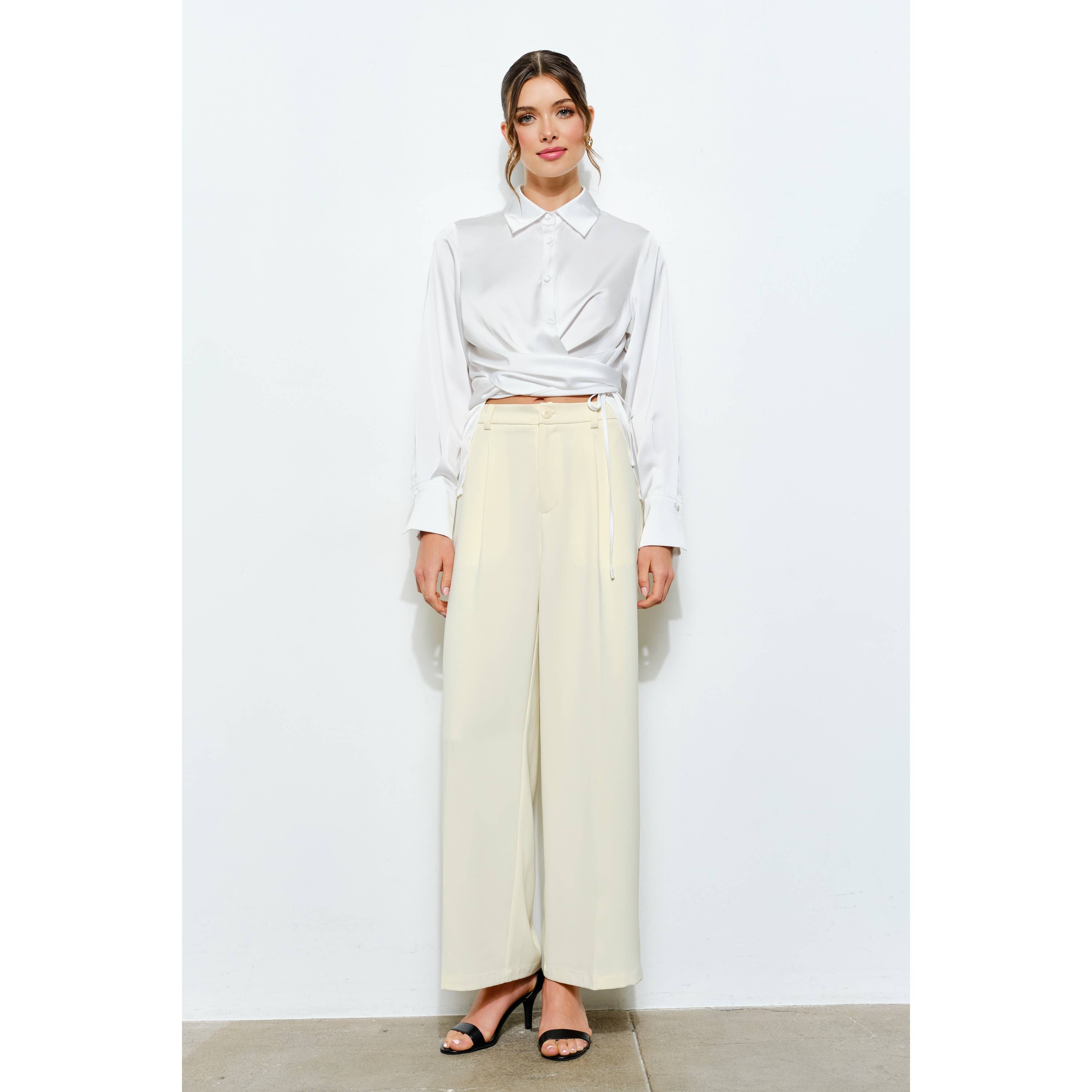 Juliette Long Sleeve Satin Wrap Waist Blouse