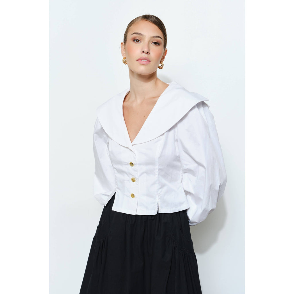 Margot Sailor Collar Gold Buttons Puff Sleeve Blouse